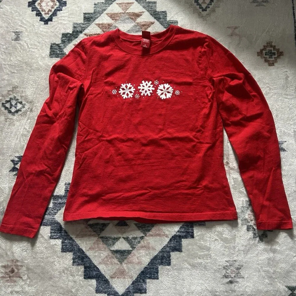Stunning Retro Womens Red Snowflake Crew Neck Long Sleeve T Shirt Tee Size M - Picture 1 of 7